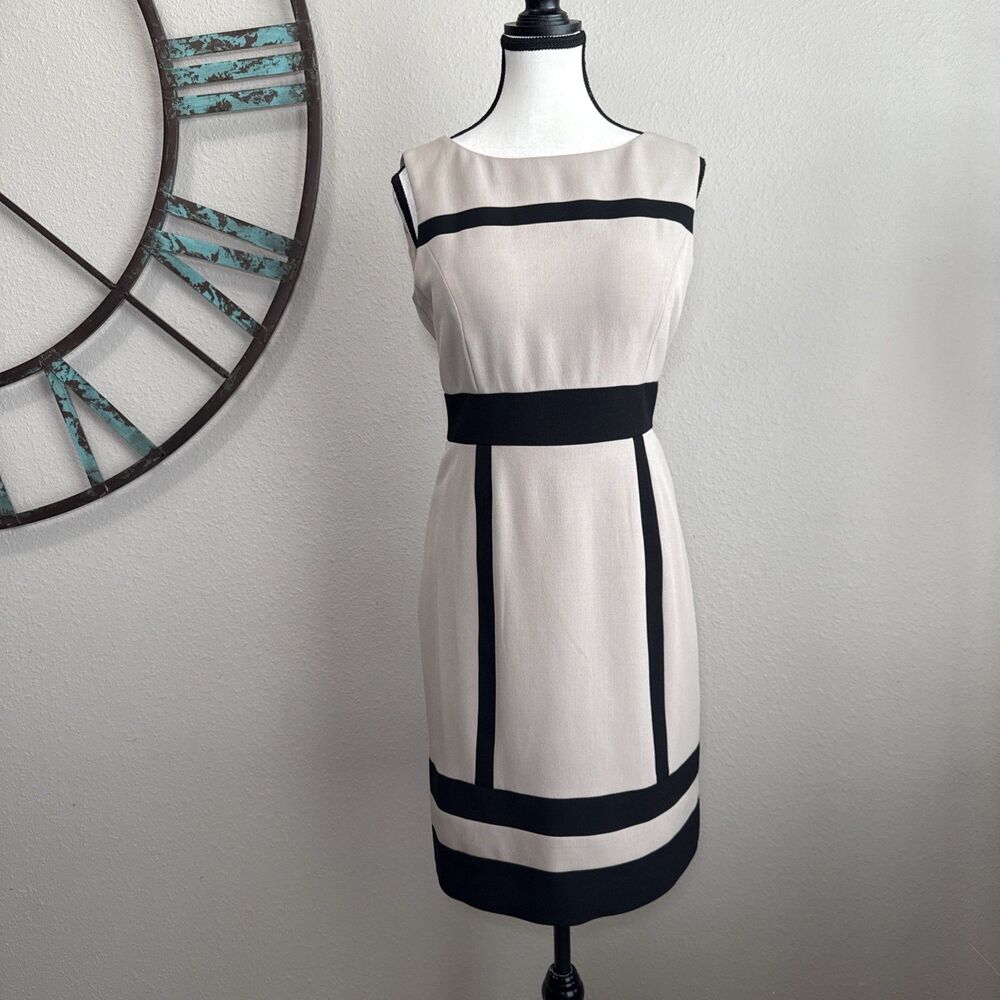 Tahari ASL Dress 6 Tan & Black Sleeveless Lined Sheath EUC